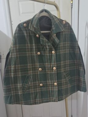 Green Plaid Double-Breasted Cape Coat - Women